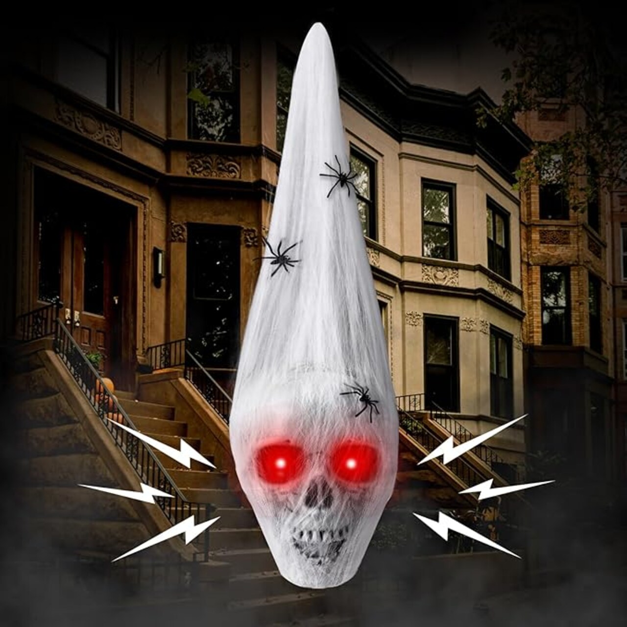 Halloween Outdoor Skull Decorations,20" Halloween Hanging Skeleton Spooky Voice Activated Decor with LED Red Eyes Spider for Halloween Party Haunted House Props Yard Indoor Outside Decorations
